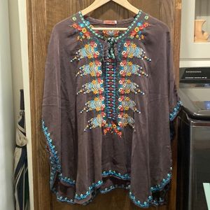 Jonny Was, poncho style blouse, brown with colorful embroidery
